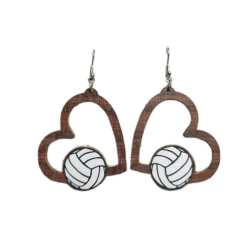 Wooden Sports Ball Earrings Sport Ball Heart Leopard Print Dangle Earring Round Heart-Shaped Baseball Basketball Volleyball Football Drop Earrings Sports Fans Players Jewelry for Women Girls-D