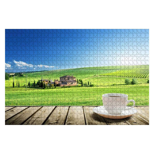 Cup Coffee and Tuscany Landscape Italy 1000 Piece Wooden Jigsaw Puzzle DIY Children Educational Puzzles Adult Decompression Gift Creative Games Toys Puzzles Home Decor