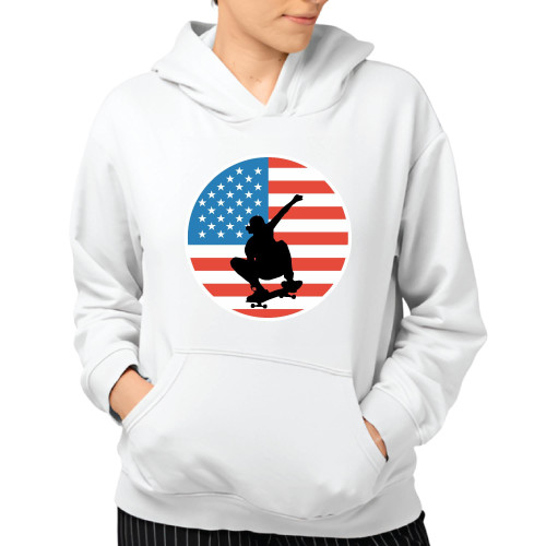 American Flag Skateboard Gifts for Skateboard Fans Skateboarders Tricks Lover Hoodie USA Skate Boarding Gray and Muticolor Unisex Hoodie