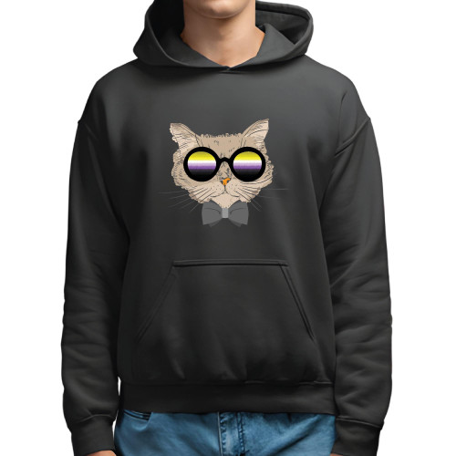 Cool Cat Nonbinary Flag Gender Neutral Subtle Enby Non Binary Enby Cat with Nonbiary flag glasses Black and Muticolor Unisex Hoodie