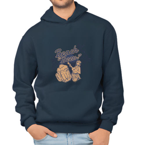 Hawaiian Girl Playing Ukulele Gift for Beer Lovers Beach and Beer Design Navy and Muticolor Unisex Hoodie