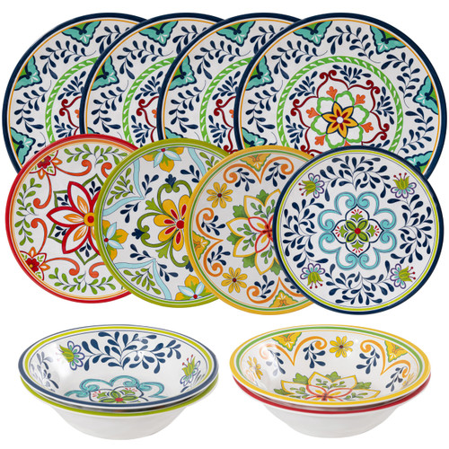 ZAROCRUS 12 pcs Talavera Melamine Dinnerware Set, Service for 4 Melamine Plates and Bowls Set, Unbreakable Dishes Dinnerware Set, Great for RVs, Camping, BPA Free and Dishwasher Safe ZAROCRUS 12 pcs Talavera Melamine Dinnerware Set, Service for 4 Melamine Plates and Bowls Set, Unbreakable Dishes Dinnerware Set, Great for RVs, Camping, BPA Free and Dishwasher Safe