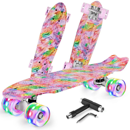 BELEEV Skateboard for Kids Ages 3-12, 22 inch Mini Cruiser Skateboard for Beginners Girls Boys Teens Adults, Classic Complete Skateboard with LED Light up Wheels, All-in-One Skate T-Tool (Pink)