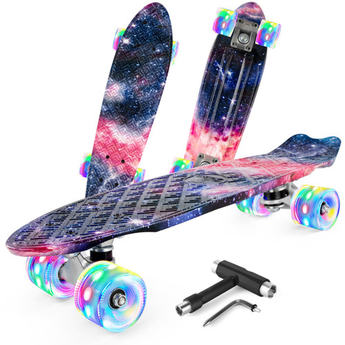 BELEEV Skateboard for Kids Ages 3-12, 22 inch Mini Cruiser Skateboard for Beginners Girls Boys Teens Adults, Complete Skateboard with LED Light up Wheels, All-in-One Skate T-Tool (Purple Nebula)