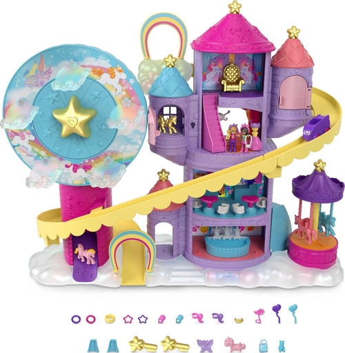 Polly Pocket Rainbow Funland Theme Park, 3 Rides, 7 Play Areas, Polly and Shani Dolls, 2 Unicorns & 25 Surprise Accessories (30 Total Play Pieces), Dispensing Feature for Surprises (Amazon Exclusive)