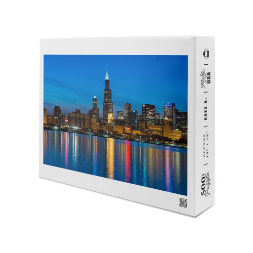 Chicago, Illinois, City at Night, Photography A-91979 (19x27 inches, Premium 500 Piece Jigsaw Puzzle for Adults and Family, Made in USA)