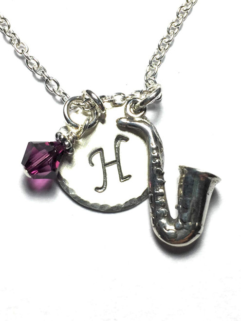 Saxophone Hand Stamped Sterling Silver Initial Charm Necklace Saxophone Hand Stamped Sterling Silver Initial Charm Necklace