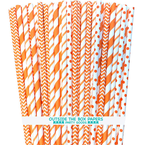 Paper Straws - Orange White - Stripe Chevron Polka Dot - 100 Pack