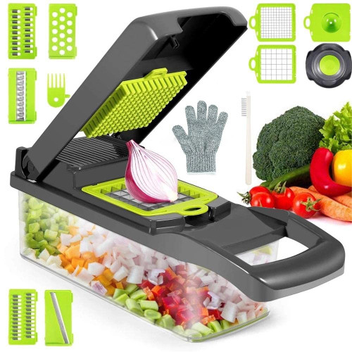 12 in 1 Multifunctional Vegetable Cutter Shredders Slicer With Basket Fruit Potato Chopper Carrot Grater Slicer Mandoline (Color : Green 2)