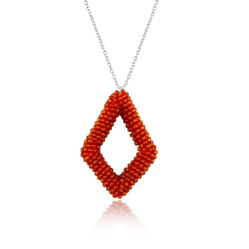 CRYSTALIS Natural Carnelian Beads Pendant Necklace, Beaded Micro Framed Kite Shape Crystals, Chakra Energy, Healing Gemstone, Women Jewelry, Sterling Silver 18 inch