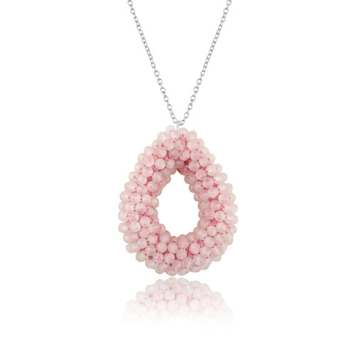 CRYSTALIS Natural Rose Quartz Beads Pendant Necklace, Micro Beaded Tear Drop Pear Shape Crystals, Chakra Energy, Healing Gemstone, Women Jewelry, Sterling Silver 18 inch