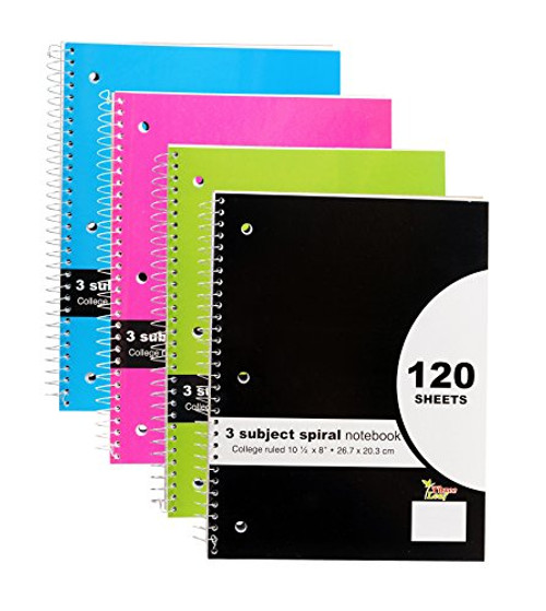 4-Pack 10" x 8" 3 Subject Spiral Notebook, College Ruled, 120 Sheets per