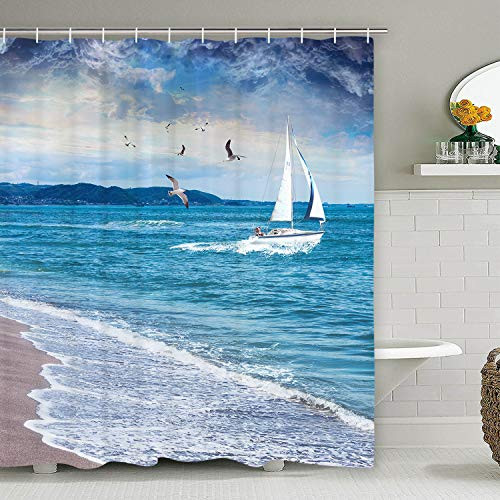 Ocean Landscape Shower Curtain Sea Seagull Sailboat Shower Curtain with 12 Hooks, Blue Sea Shower Curtain Wave Waterproof Bath Curtain for Bathroom
