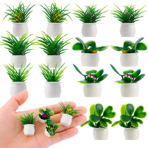 Dollhouse Miniature Bonsai Plant, 14 Pieces Doll House Mini Potted Plant Tiny Artificial Greenery Ornament Dollhouse Decoration Flower Model for Fairy Garden Accessories