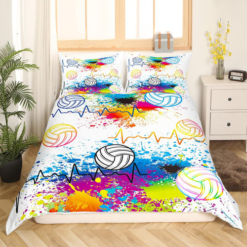 Volleyball Comforter Cover Set 3D Ball Sports Bedding Set for Boys Girls Women Men Watercolor Volleyball Duvet Cover Set Ball Games Decor Bedspread Cover Bedroom Collection 3Pcs Full Size