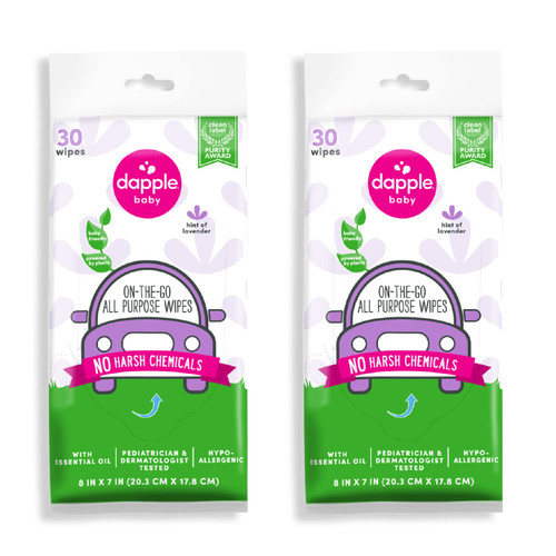 Dapple All Purpose Wipes Baby, Hint of Lavender, 30 Count Pouch (Pack of 2) - Plant Based & Hypoallergenic Cleaning Wipes