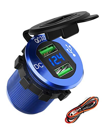 Quick Charge 3.0 USB Car Charger, SunnyTrip 36W Aluminum Waterproof Fast QC 3.0 USB Charger Socket Outlet Power Adapter with LED Voltmeter for 12V/24V Marine Boat Motorcycle ATV Golf Cart Truck
