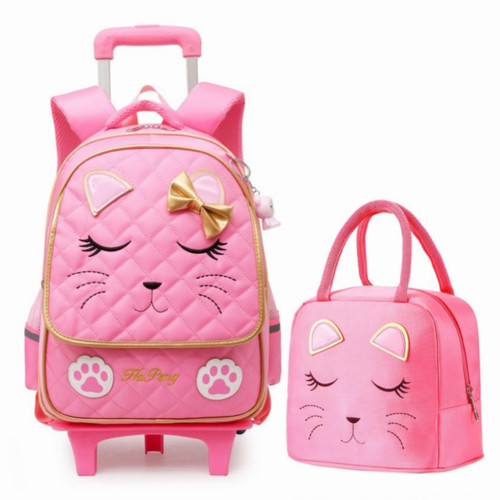 MITOWERMI Girls Rolling Backpack with Lunch Box Trolley School Bag Cat-face Bowknot Girls Backpacks with Wheels Kids Carry-on Travel Luggage