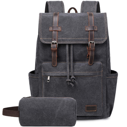 JIELV Large Canvas Vintage Backpack, Mens Travel Rucksack with With Toiletry Bag,Casual Daypack Bookbag for Laptop Work Travel Hiking(Black)