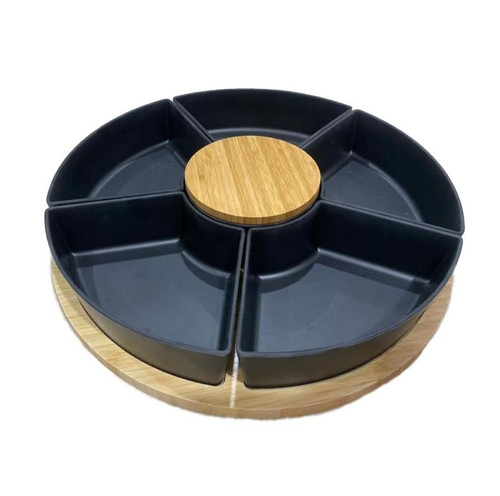 Bremel Home Divided Serving Dishes Black with Wooden Base and Lid,Serving Bowls,Multifunctional Party Snack Tray for Chips, Dips,Fruits,Nuts,Candies,Crackers,Veggies