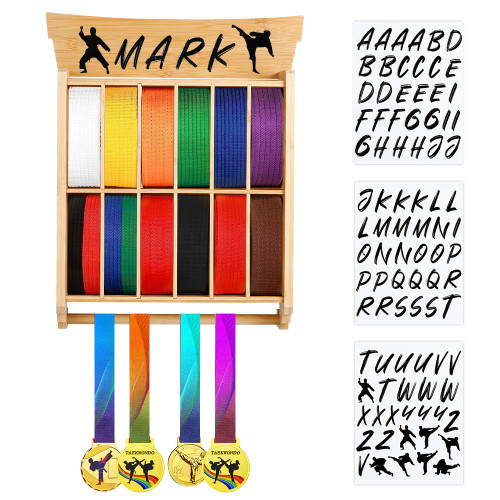 Derkerry Karate Belt Display Rack Set: 12 Belts Organizer with Medal Display Stick & Martial Art Stickers - Bamboo Taekwondo Belt Display Rack for Kids Adults