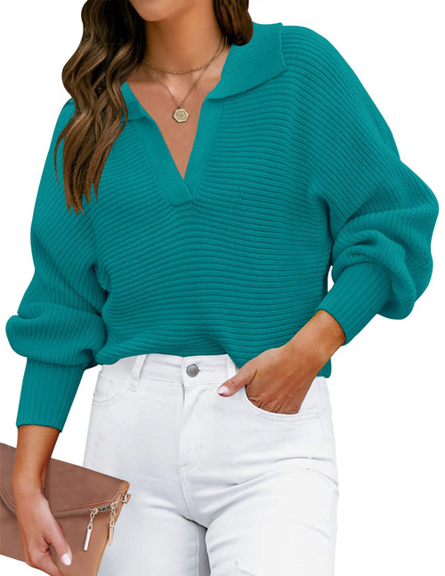 ZESICA Women's 2024 Fall Lapel Collar V Neck Long Sleeve Ribbed Knit Comfy Loose Casual Pullover Sweater Jumper Top,Peacock,Small