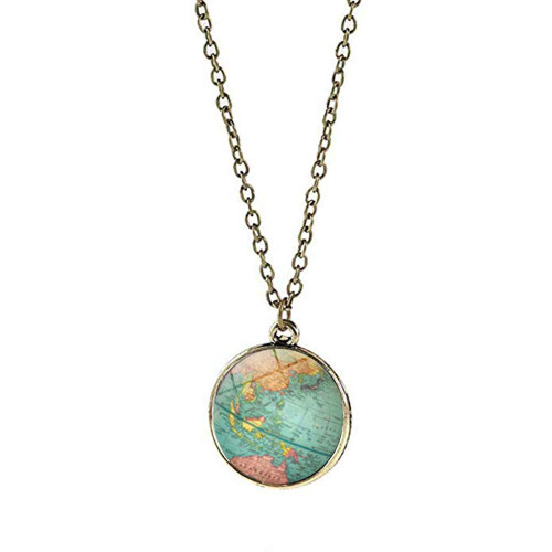 World Map Glass Ball Necklace Double-sided Time Gemstone Pendant Necklace Galaxy Solar System Moon Guardian Stars Necklace for Women Girls (G:World Map)