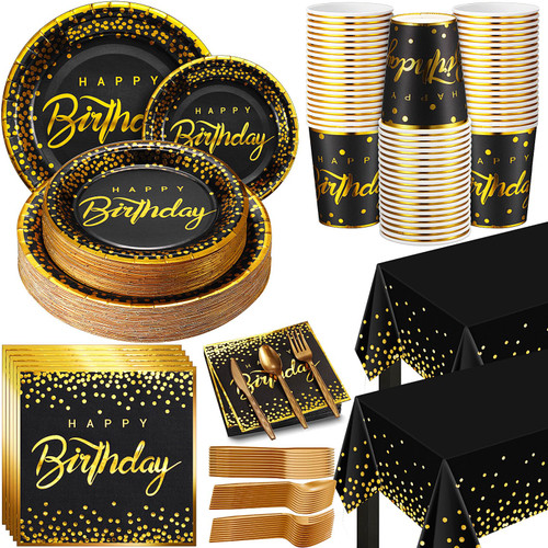Nosiny 352 Pcs Birthday Party Supplies Birthday Plates Dot Party Dinnerware Sets Serve 50 Guests Include Disposable Tablecloths Plates Cups Napkins Forks Knives Spoons for Birthday(Black, Gold)