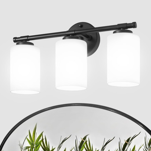 GZBEINI Black Bathroom Vanity Light Fixtures,3 Light Vanity Lighting Fixtures for Bathroom Over Mirror,Farmhouse Bathroom Lights Fixtures with Milk White Glass,Modern Vanity Lights for Bathroom
