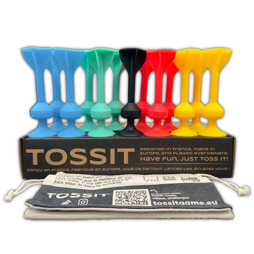 TOSSIT Game Set - Indoor, Outdoor Suction Cup Throwing Party Game - Family Friendly - Friends Pack, 4 Colors Red Cyan Light Blue Yellow - Portable Fun That Sucks!