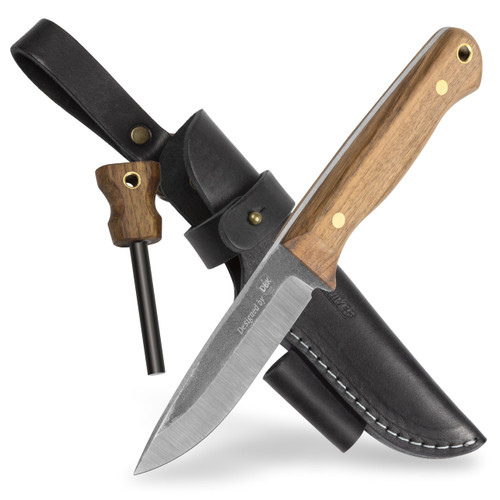 BPS Knives Bushmate Designed by DBK - Bushcraft Knife - Fixed-Blade Carbon Steel Knife with Leather Sheath and Firestarter - Outdoor Full Tang Knife - Camping Survival Knives