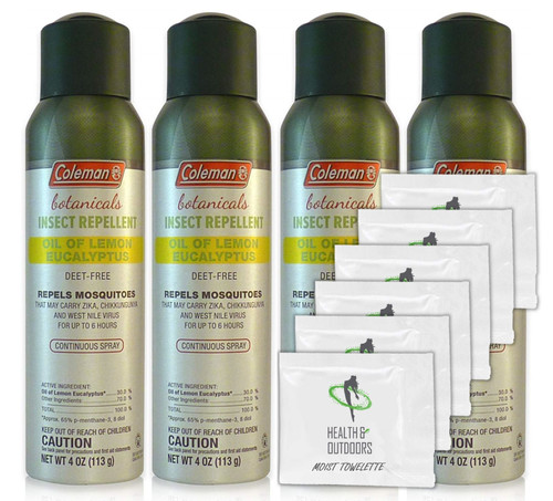 Coleman Botanicals Lemon Eucalyptus Insect Repellent DEET Free - 4oz. Continuous Spray - Pack of 4 - w/ (6) Healthandoutdoor Hand Wipes