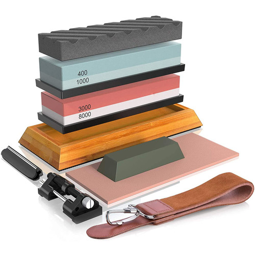 FENIDE Professional Knife Sharpening Stone Set - 4 Side Grit 400/1000 3000/8000 Whetstone, Non-Slip Bamboo Base, Angle Guide, Polishing Compound, Leather Strop, Flattening Stone