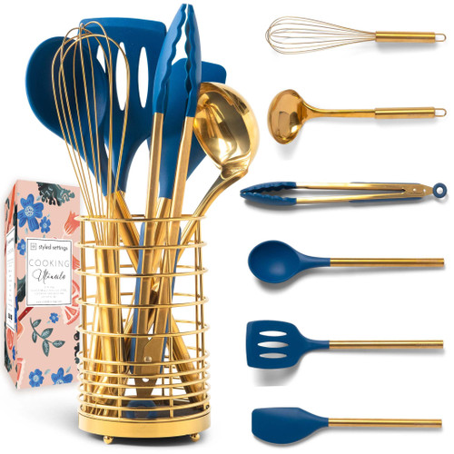 Gold and Navy Blue Kitchen Utensils - 7 Piece Navy Blue Utensils Set Includes Gold Utensil Holder and Gold Kitchen Utensils - Navy Blue Kitchen Accessories, Unique Cooking Gifts