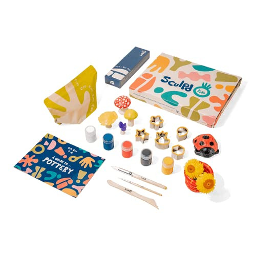 Sculpd Kids Pottery Kit, Air-Dry Clay Starter Kit for Kids Age 7+, Air Dry Clay with 5 Colour Paint Set, Paintbrushes, Pottery Tools, Clay Cutters, Sponge and Step-by-Step Guide