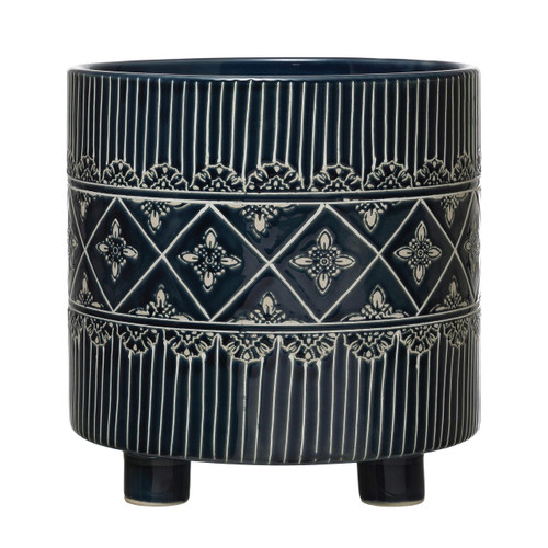 Creative Co-Op Debossed Stoneware Footed Pattern, Blue & White (Holds 9" Planter Pot
