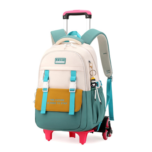 Color-blocking Rolling Backpack for Girls School Elementary, School Bags Girls Backpacks with 6 Wheels, Green