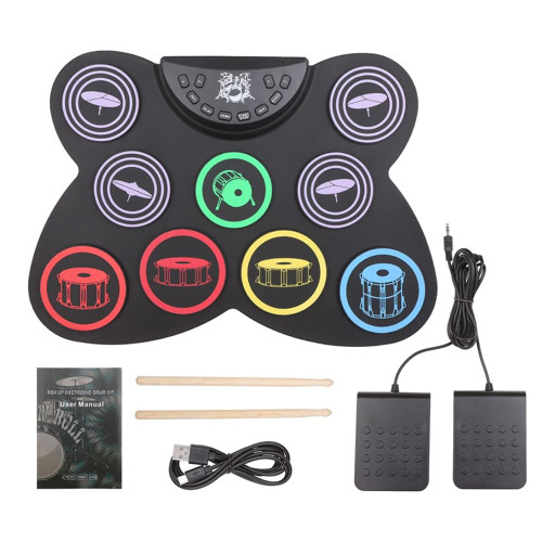 Electronic Drum Sets, 9 Drum Practice Pad, Roll-up Drum Pad Machine With Drum Sticks Foot Pedals, Great Gift for Beginners