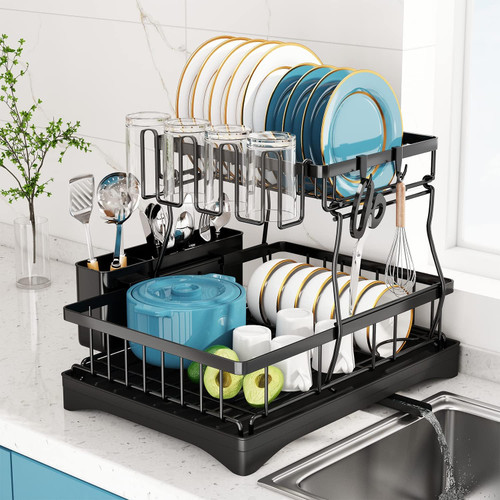 tyrixma Dish Drying Rack, 2 Tier Dish Racks for Kitchen Counter, Large Stainless Steel Kitchen Dish Drying Rack with Drainboard, Detachable Dish Drainers with Utensil Holders