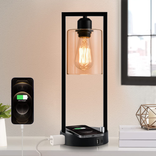 LEDIARY Wireless Charging Table Lamp with AC Outlet and 2 USB Ports, Fully Stepless Dimmable Bedside Lamps, Industrial Nightstand Lamp with Glass Shade for Bedroom, 2200K Bulbs Included (1 Pack)