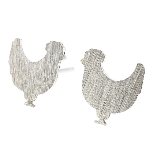 Chicken Bird Stud Earrings Brushed Sterling Silver Handmade in USA