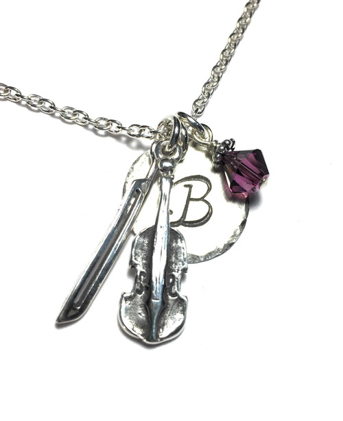 Violin Hand Stamped Sterling Silver Initial Charm Necklace Violin Hand Stamped Sterling Silver Initial Charm Necklace
