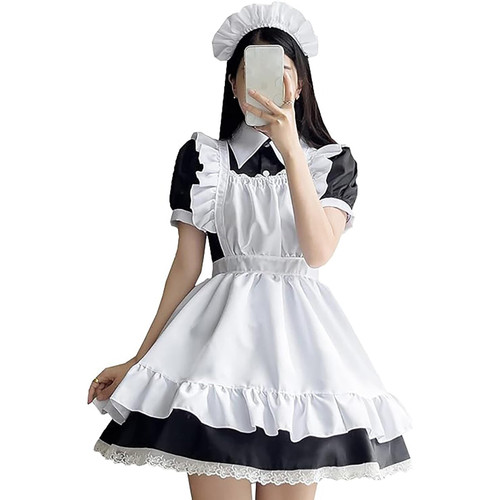 Maid Outfit Short Sleeve Maid Cosplay Costume Anime Maid Apron Fancy Dress Cosplay Costume with Headdress for Party (L)