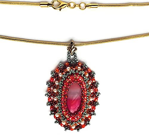 Beadwoven Pink Fuchsia Red Chalcedony Magical Pendant Embroidered Gemstone Necklace Gold Filled Chain