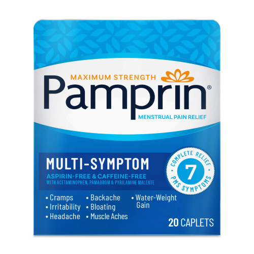 Pamprin Multi-Symptom Formula, with Acetaminophen, Menstrual Period Symptoms Relief including Cramps, Pain, Irritability and Bloating, 20 Caplets (Pack of 10)