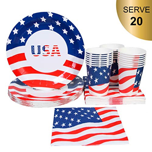 4th of July Patriotic Party Supplies - Serve 20 - Fourth of July Party Disposable Tableware Cups Paper Plate and Napkins - American Flag Design