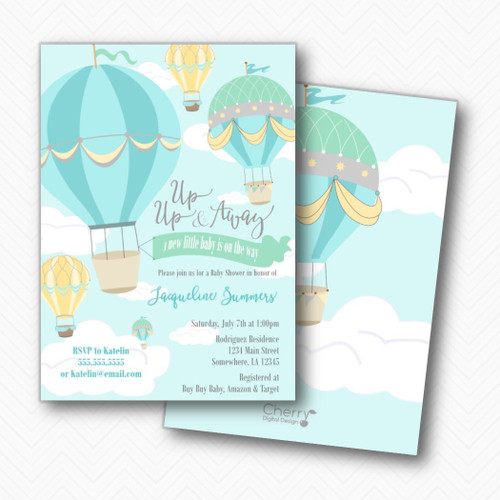 Up Up & Away Hot Air Balloon Baby Shower Invitations | Envelopes Included