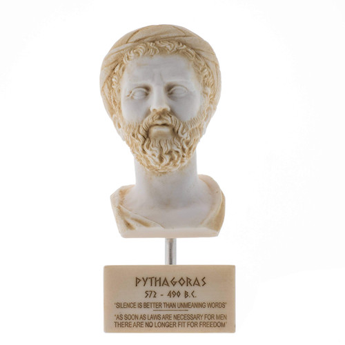 Greek Philosopher Pythagoras Bust Alabaster Statue Gold Tone Sculpture Marble Base