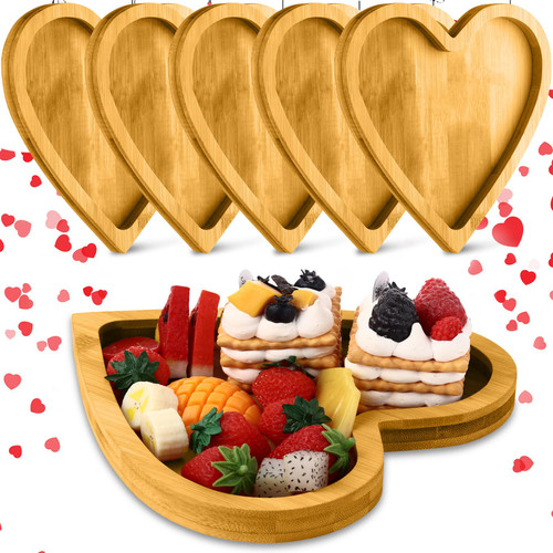 Suzile 6 Pcs Valentines Day Bamboo Serving Tray Heart Shaped Cheese Board Charcuterie Plate Dinner Plate Cake Plate Reusable Heart Dish Heart Shaped Platter for Snack Food Cake, 8.5 x 8.5 Inch