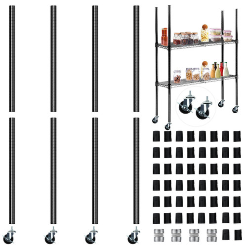 Yaocom Set of 4 Wire Shelving Poles with 50 Pcs Plastic Wire Shelf Clips Chrome Wire Shelving Posts with Caster Wheels Wire Shelving Parts for 1" Post Shelving Rack Accessories Replacement (36 Inch)